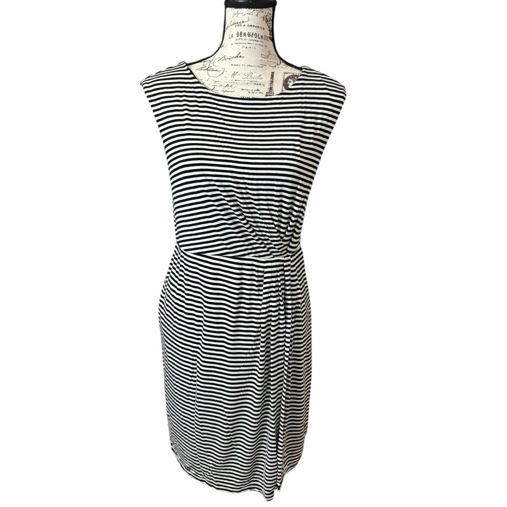 LOFT Black and White Striped Midi Dress